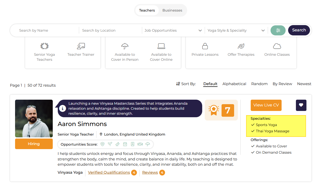 Specialty Result Page
