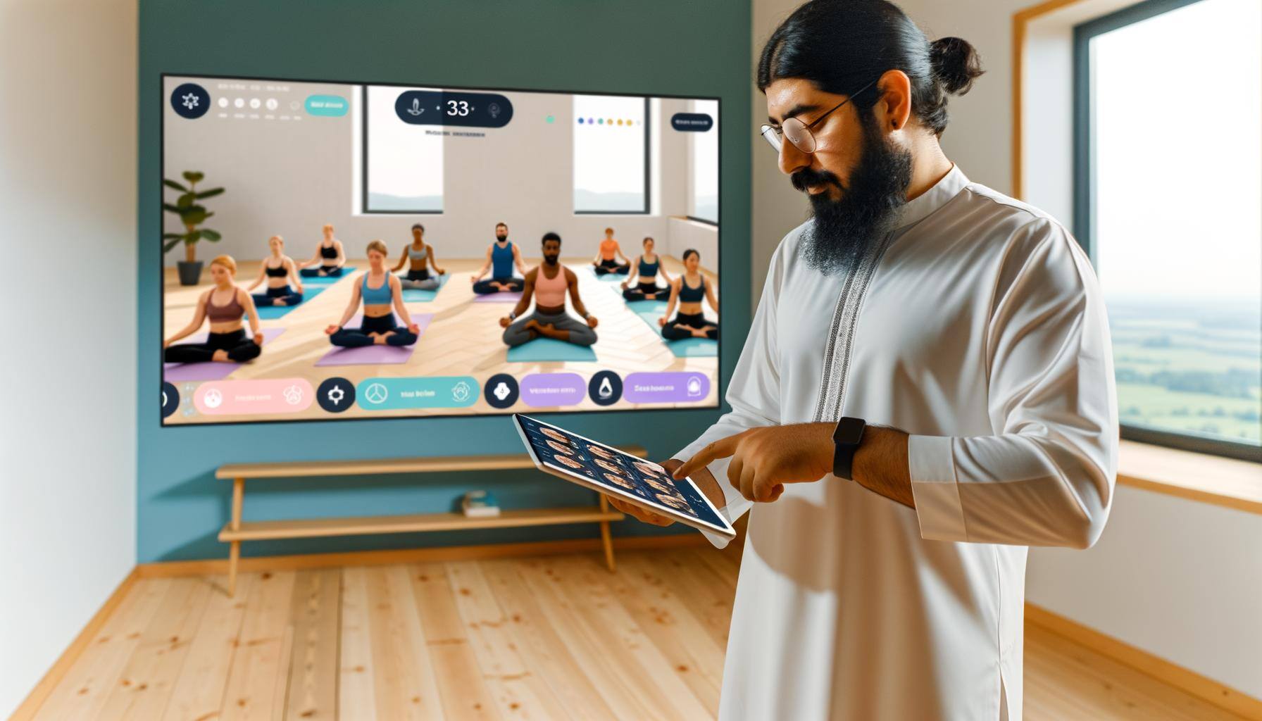 Male yoga teacher teaching an online yoga class, the students are visible on a screen