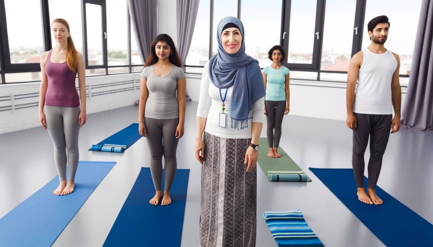 A female yoga teacher leading a class of yoga practitioners