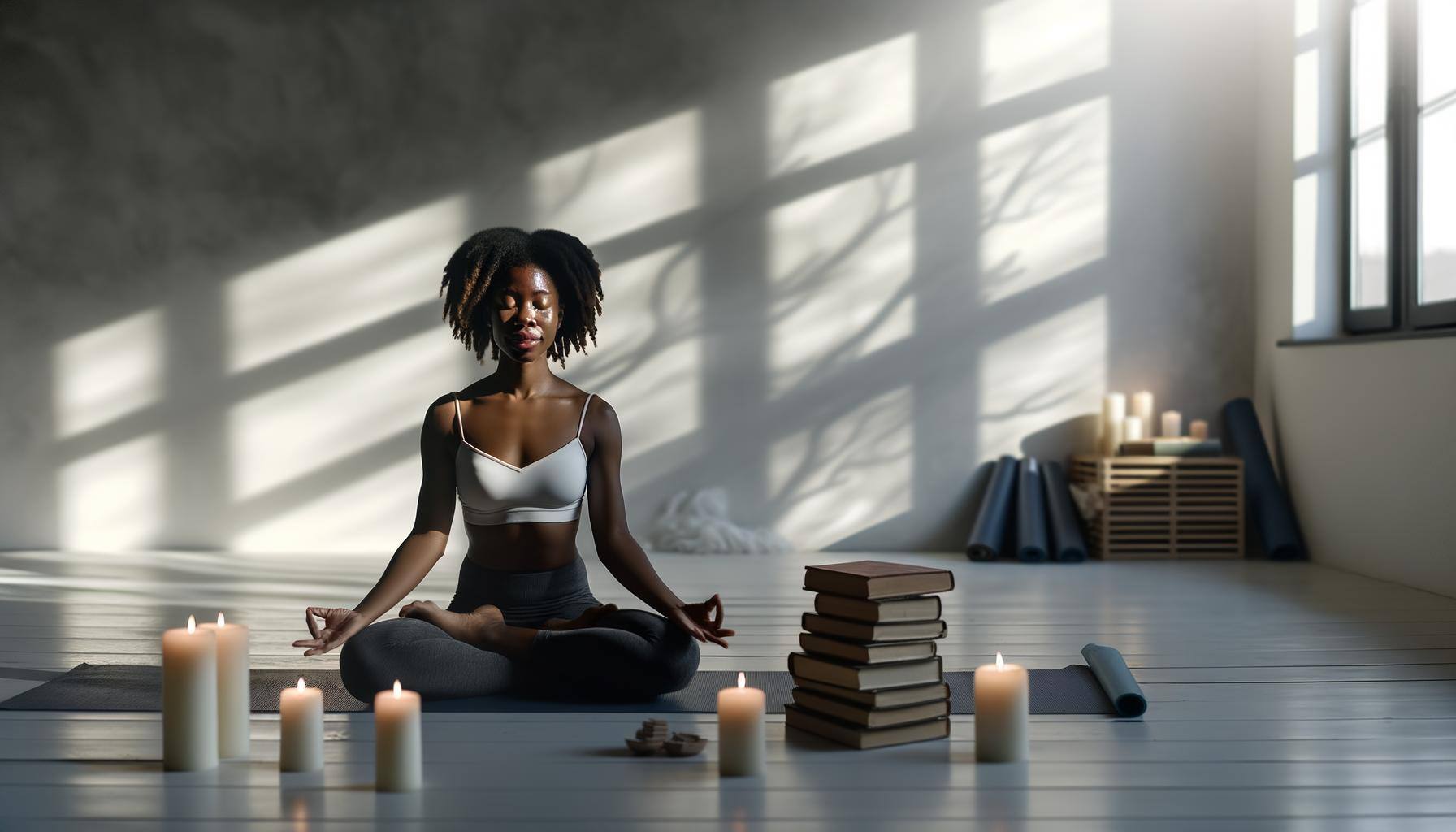 Yoga teacher surrounded by candles and pile of books