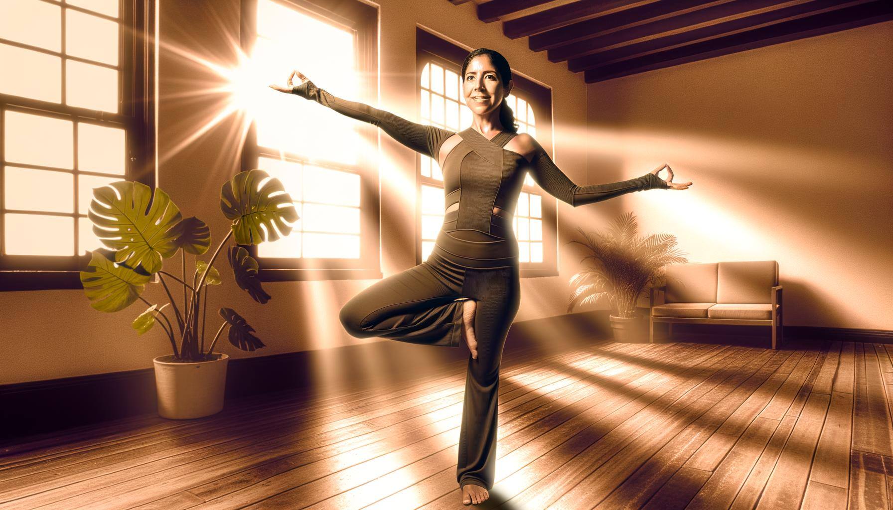 Woman in tree pose with the sun light flooding the room behind her
