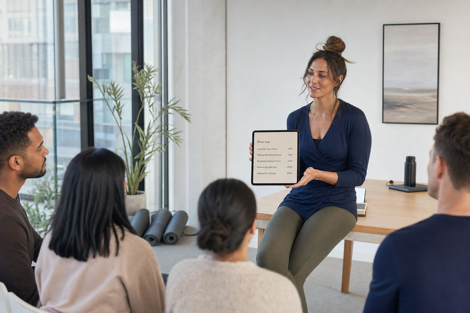 UK yoga teacher showing a simple price list on a tablet to a small client group
